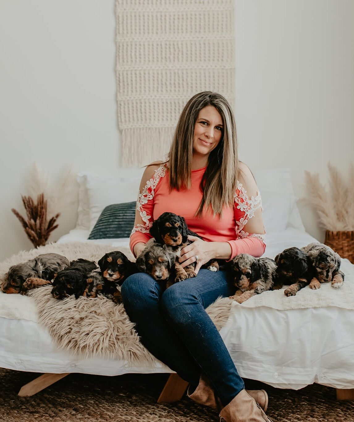 photo of michelle and bernedoodle puppies on couch